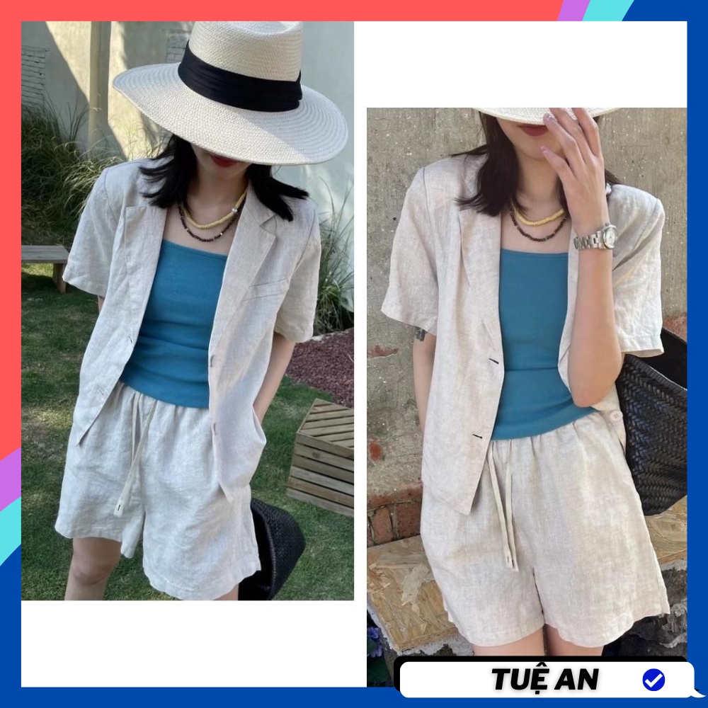 Set bộ đồ nữ sang chảnh đi chơi đũi linen gồm áo vest ngắn tay thiết kế croptop và quần short lưng chun ống rộng bigsize