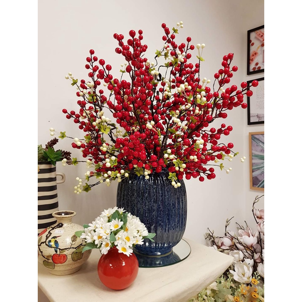 Hoa nhựa giả - Cành đào đông tài lộc - 1 cành cao 95 cm gồm 12 nhánh đẹp loại 1 - Hoa decor trang trí ngày Tết