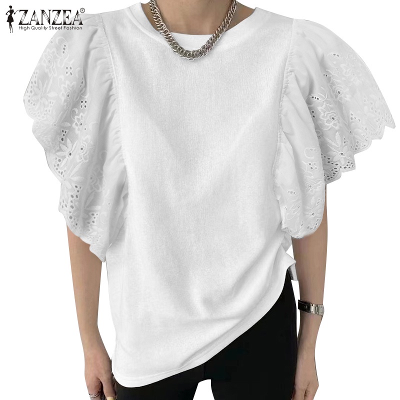 ZANZEA Áo Thun Tay Ngắn Cổ Tròn Phối Ren Thời Trang Cho Nữ