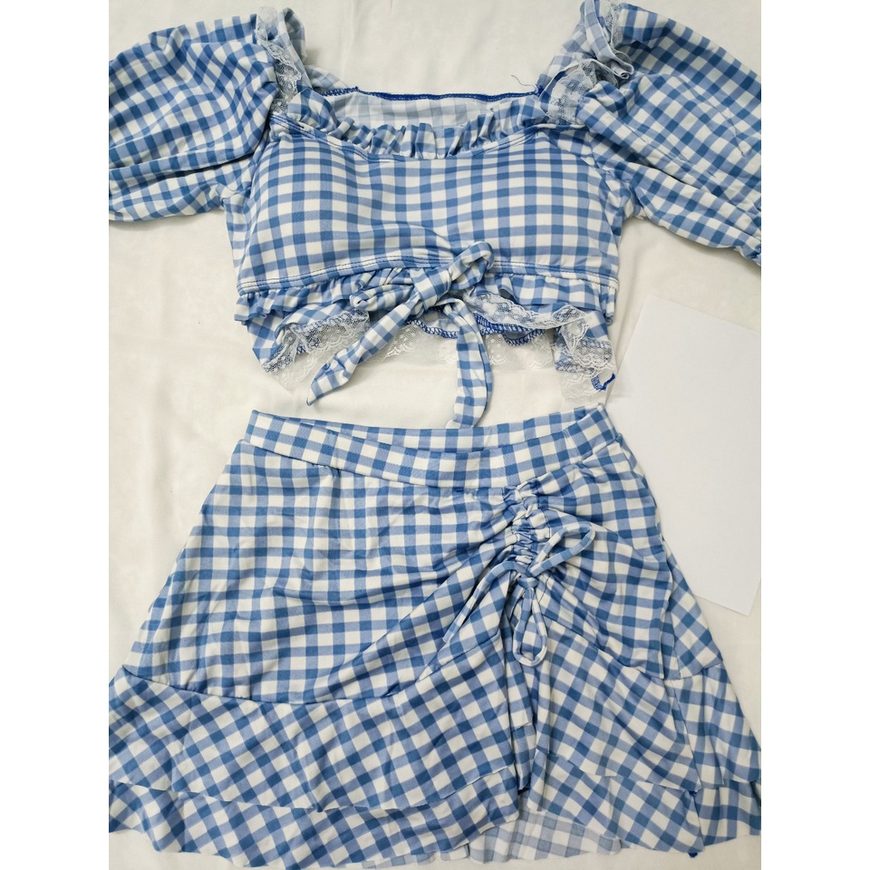 BỘ ĐỒ BƠI NỮ 2 MẢNH KẺ CARO  PHỐI REN  RÚT DÂY NỮ TÍNH