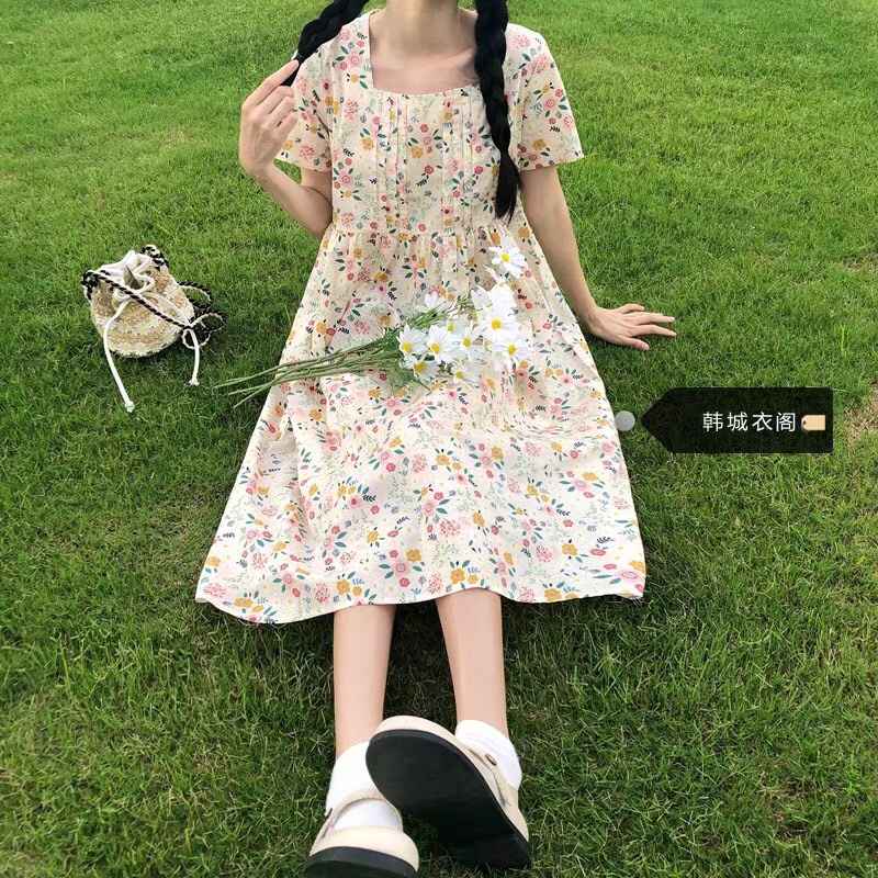 Đầm - váy babydoll ulzzang hoa nhí xếp ly ngực phong cách Hàn Quốc vintage mùa xuân 2022 Kozoda D33