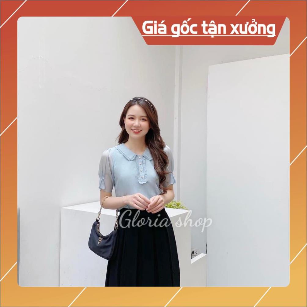 [Chất lượng số 1] Gloria Shop Áo sơ mi nữ tiểu thư cổ cánh sen tay sếp ly Thời trang màu xanh SMKX01 | BigBuy360 - bigbuy360.vn