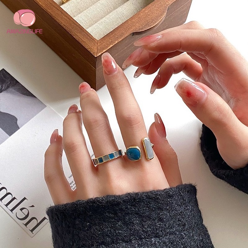 [Amazinglife] Nhẫn Hở Đính Ngọc Lục Bảo Hình Học Thanh Lịch Có Thể Điều Chỉnh Cho Nữ