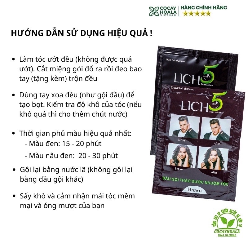 Nhuộm Tóc Thảo Dược Cỏ Cây Hoa Lá Dầu Gội Phủ Bạc Lich 5 phút tại nhà an toàn tiện lợi màu Đen Nâu Gói 30g