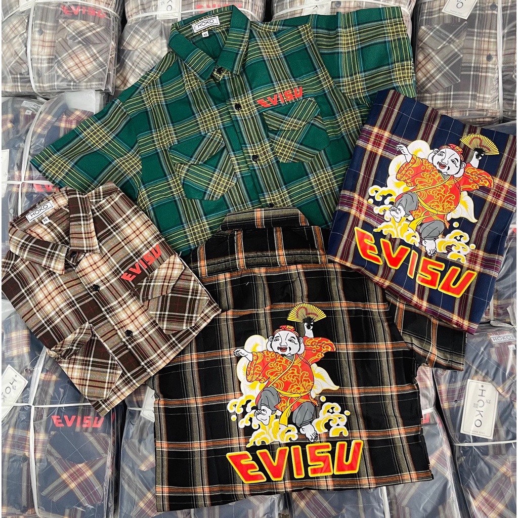 Áo Sơ Mi Nam Tay Ngắn EVISU Vải Caro Nỉ Mềm Cao Cấp Phong Cách Thời Trang Mới Hot Trend