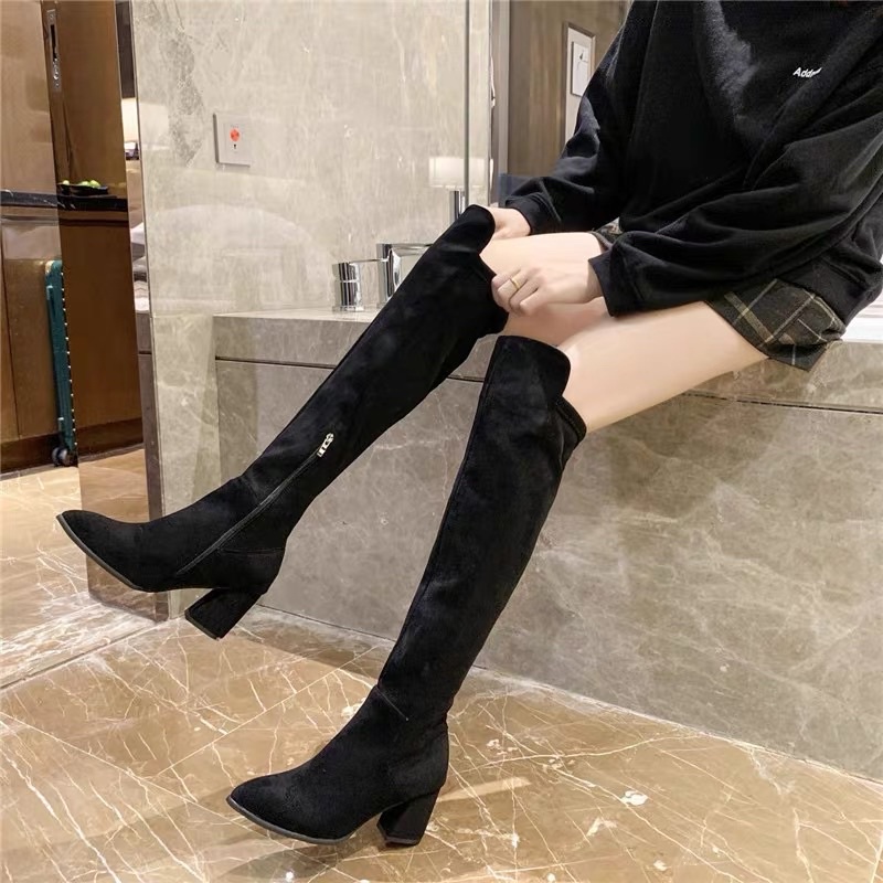 Bốt đùi da lộn khoá dưới cao 7cm sẵn hàng