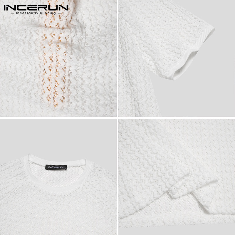 Áo kiểu INCERUN thiết kế tay ngắn trơn màu có lỗ xuyên thấu dành cho nam mùa hè