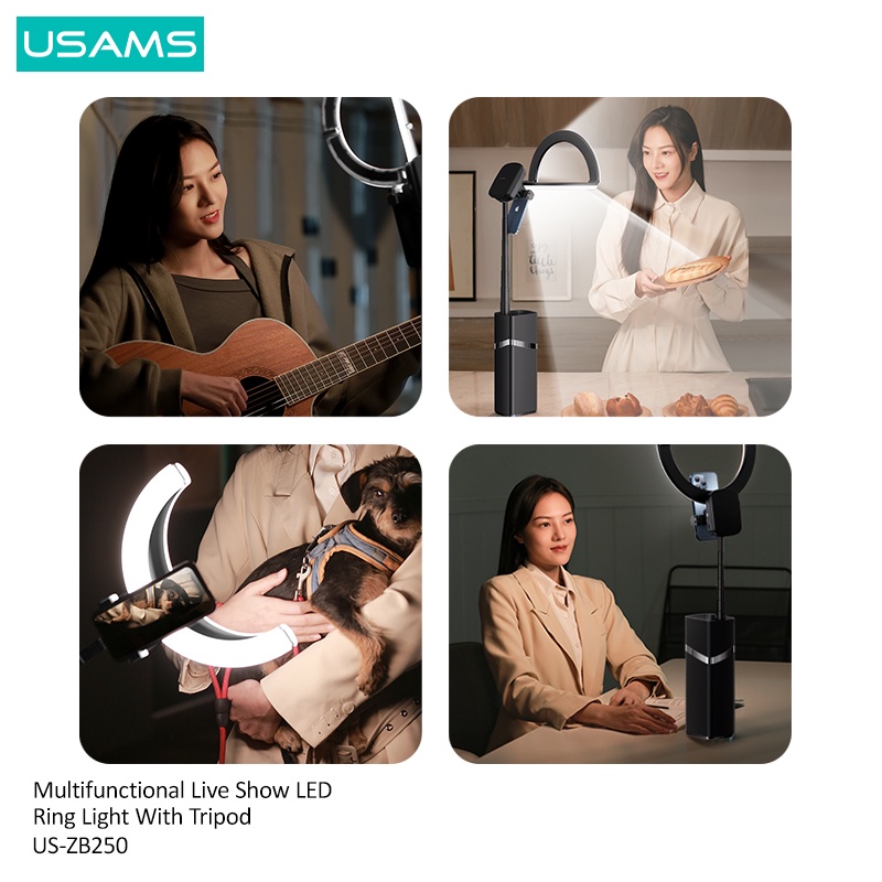 Usams Vòng Đèn Led Chụp Ảnh Selfie Đa Năng Có Chân Đế Tripod Kèm Giá Đỡ Di Động Tiện Dụng