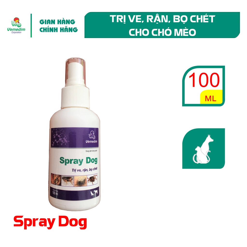 Vemedim Spray dog, thuốc trị ve phun xịt trên da, chai 100ml