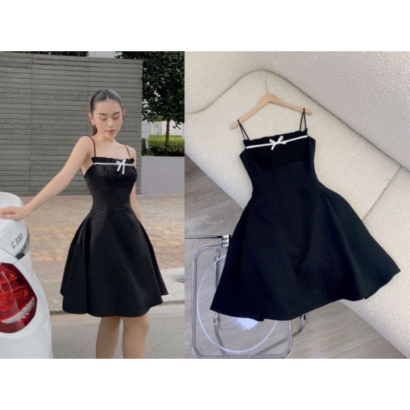 Đầm Xoè 2 Dây Xếp Ly Ngực Nơ Nhí