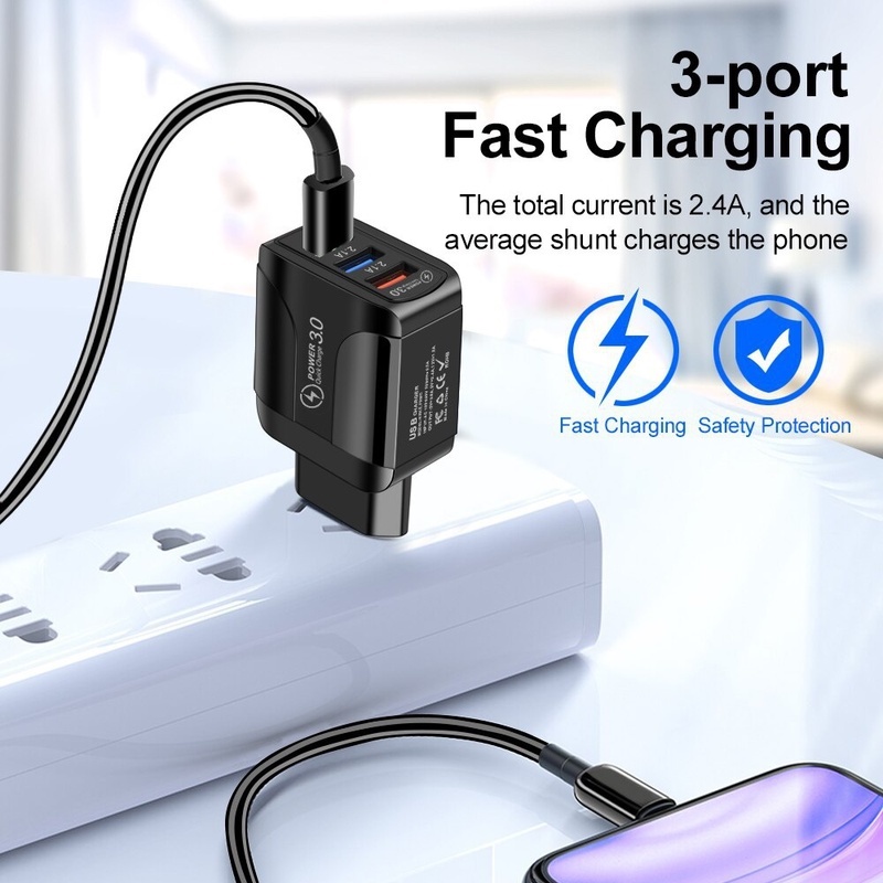 Bộ Sạc Nhanh 15W 3 Cổng USB Phích Cắm US/EU Mang Đi Tiện Dụng
