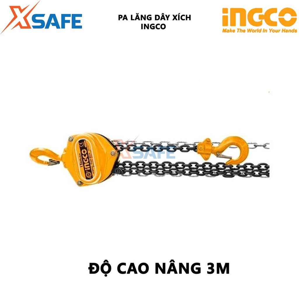 Bá lăng xích INGCO trọng lượng nâng 1-2 tấn, độ cao nâng 3m, 1 dây xích nâng, lực chuỗi kéo để nâng tải 284-343N