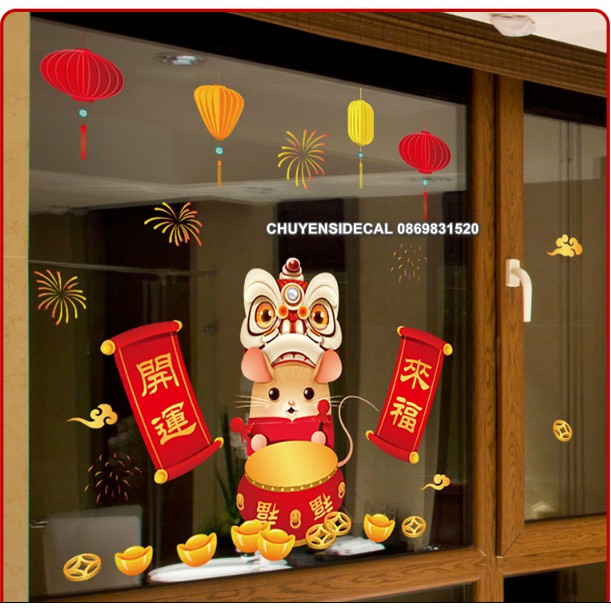Decal dán Tết - Chuột đánh trống Múa Lân bảng hỷ