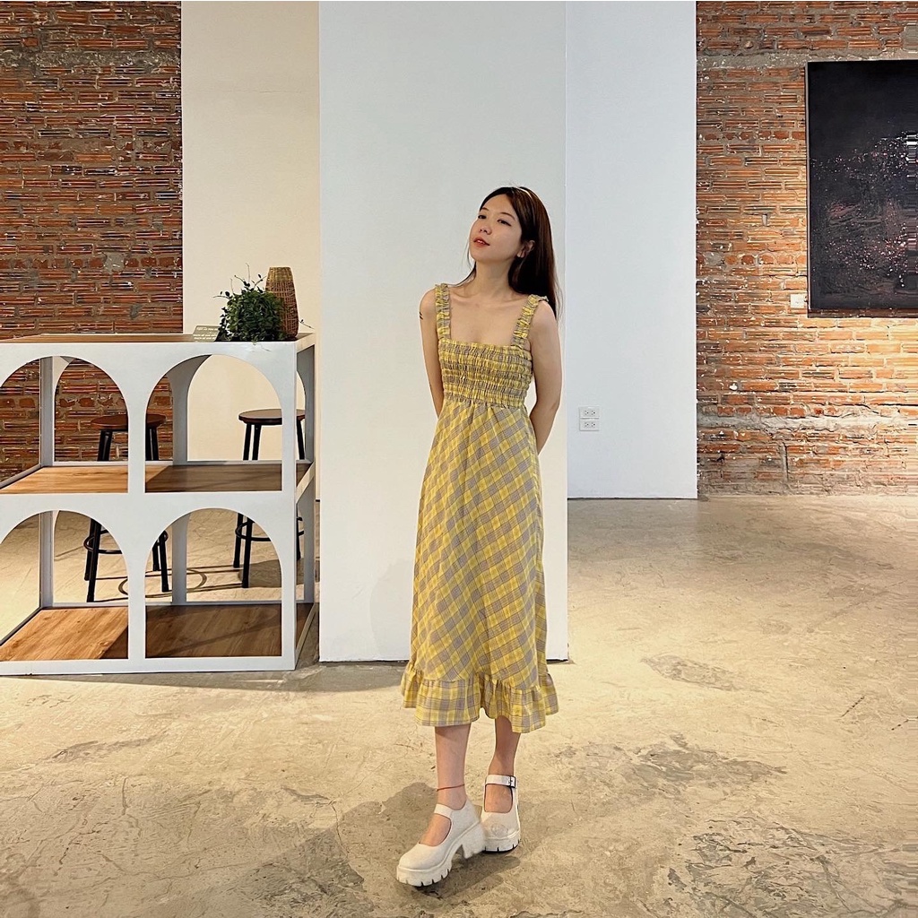 Váy 2 dây đầm dài kẻ nhún ngực đuôi bèo thiết kế Bonheur Tinker Dress