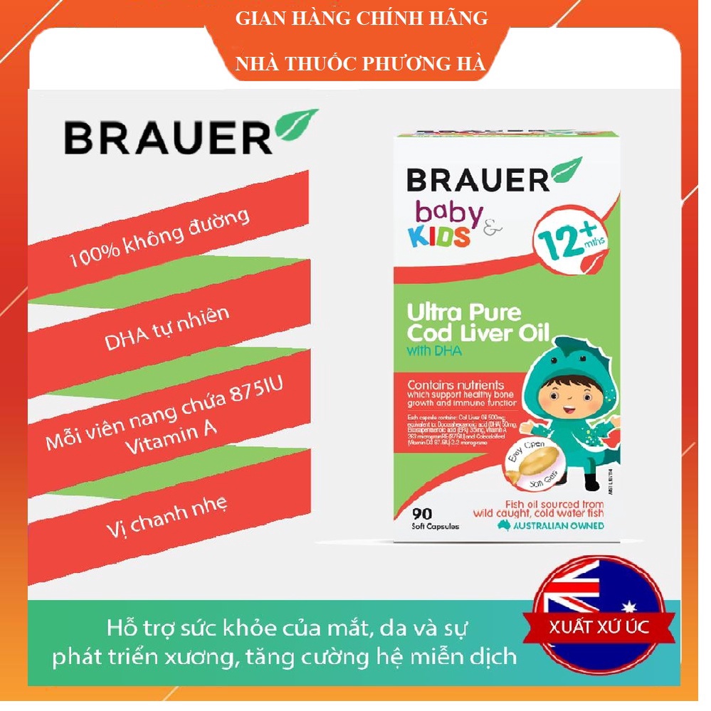 Dầu gan cá tuyết kết hợp DHA BRAUER cho trẻ trên 1 tuổi (90 viên)