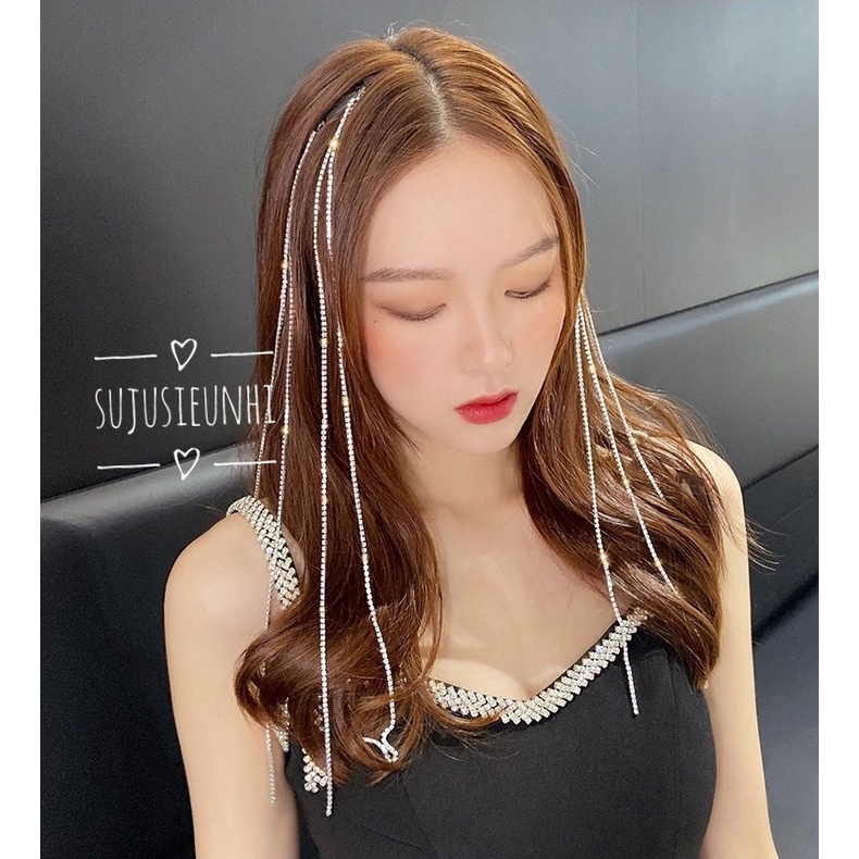 Kẹp tóc 2 dây đính đá nhân tạo loại dài, buộc tóc tua rua lấp lánh sang trọng