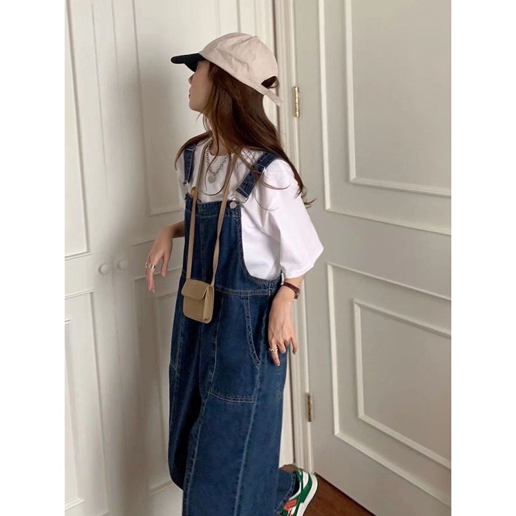 Quần Yếm Denim Màu Xanh Đậm Dáng Rộng Thời Trang Cho Nữ