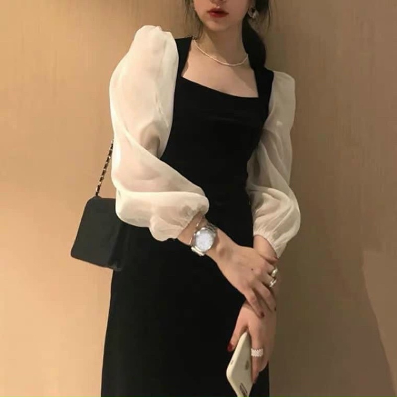 Vây cổ vuông kèm tay voan