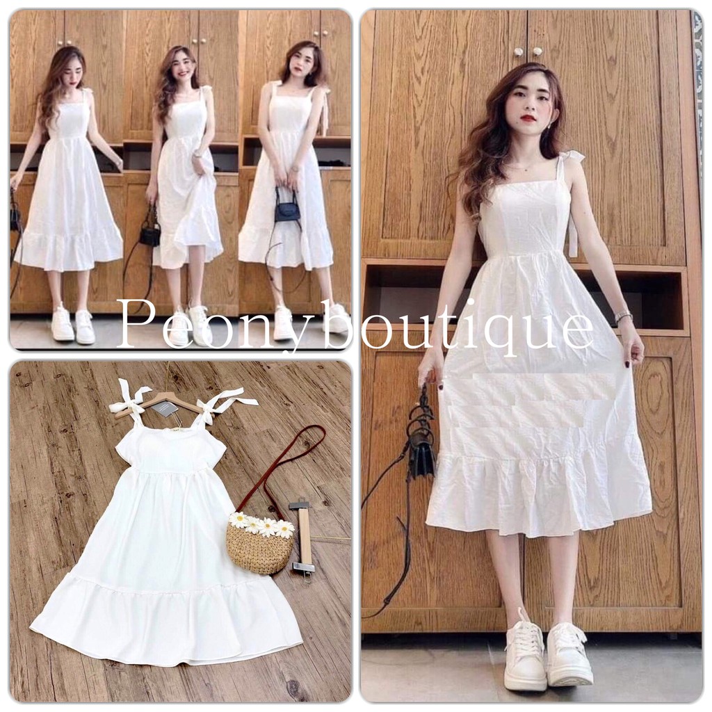 Váy Trắng Đuôi Cá Phối Nơ PEONYB Nữ [FREESHIP] 🌸 Đầm dự tiệc babydoll dáng xòe 3 tầng, 2 dây bánh bèo tiểu thư Ulzzang 🌸 | BigBuy360 - bigbuy360.vn