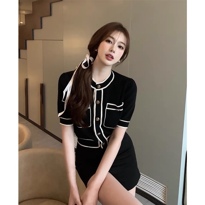Áo len dệt kim tay ngắn phong cách sang trọng