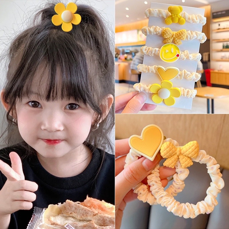 Set 5 Dây Buộc Tóc Cao Su Co Giãn Cho Bé Gái Họa Tiết Dễ Thương Phong Cách Hàn Quốc Xinh Xắn