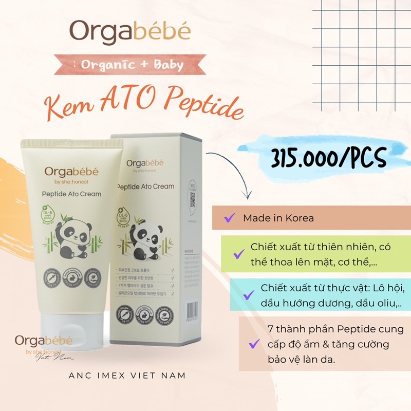 [ CHÍNH HÃNG] KEM DƯỠNG ẨM ATO PEPTIDE ORGABEBE LÀNH TÍNH CHỐNG HĂM MẨN CHO BÉ
