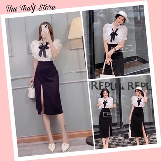 Set áo 2 lớp bèo cài nút thật kèm chân váy midi xẻ tà kèm ảnh thật
