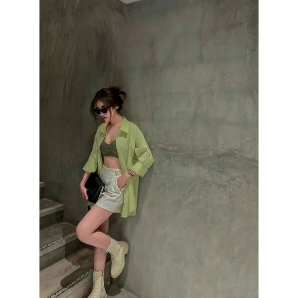 Set sơ mi xanh thun crop 2 dây short trắng