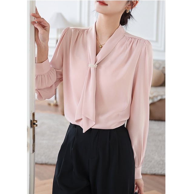 Áo Sơ Mi Cổ Bèo Màu Hồng Thanh Lịch Thời Trang Mùa Thu Phong Cách Sang Trọng Niche Chic OL