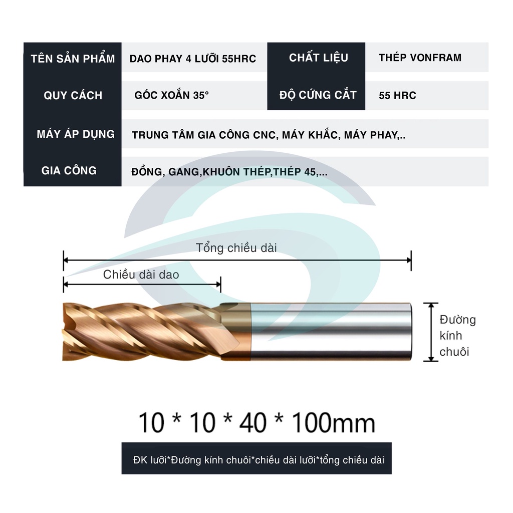Dao phay ngón 2F, 4F 55HRC, lớp phủ nano màu dồng