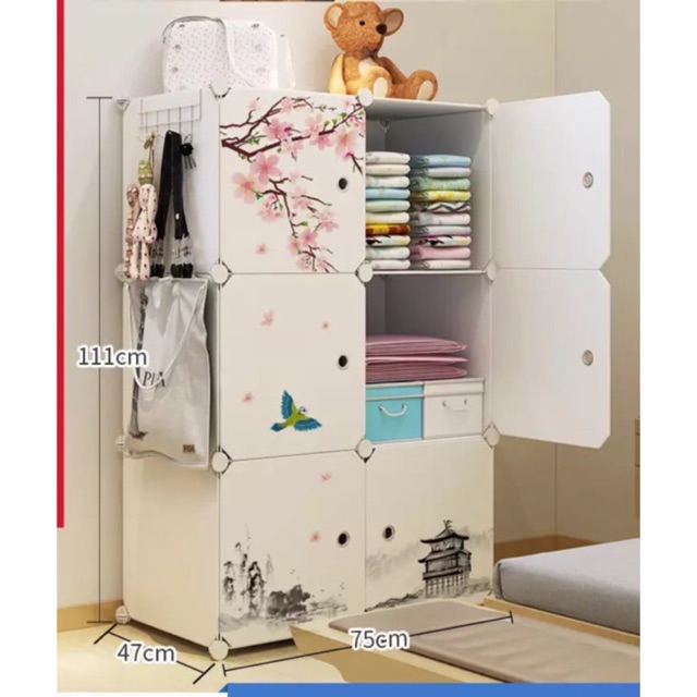 TỦ NHỰA QUẦN ÁO LẮP GHÉP 6 Ô SÂU 47cm. Thân trắng cửa hoa anh đào. Tặng kèm treo đồ.