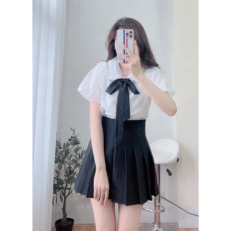 Áo babydoll voan viền cổ ren thắt nơ đen dáng xòe tay bồng HARIQUEEN