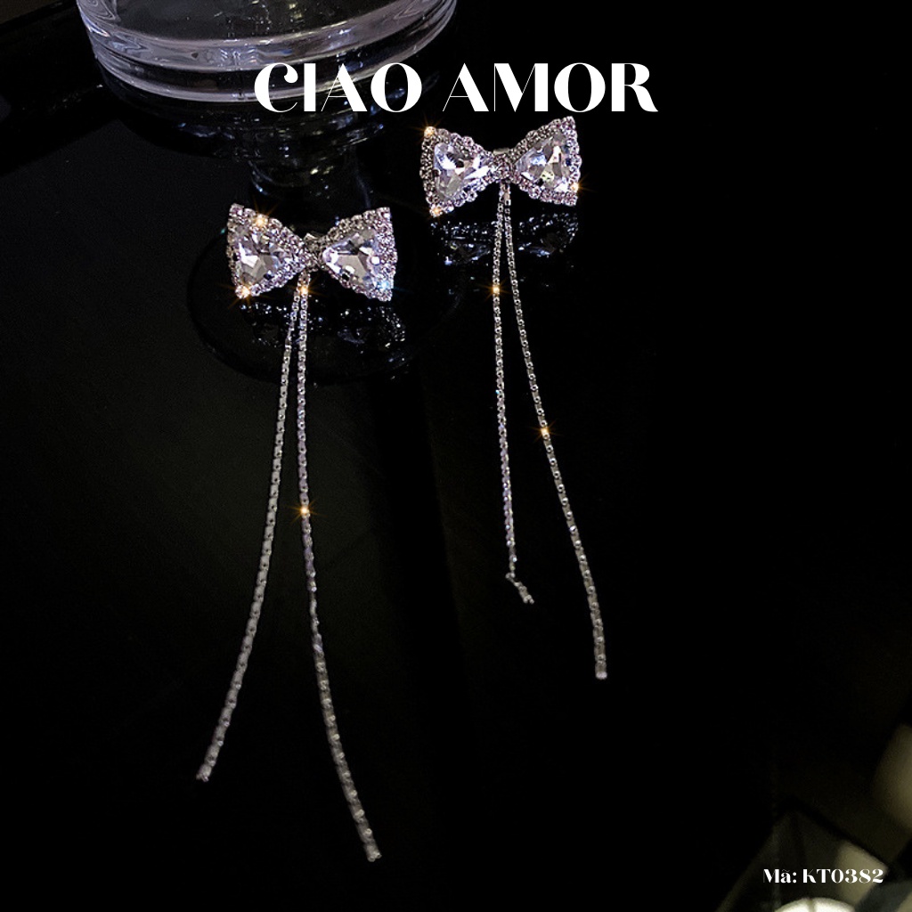Khuyên tai nữ, Bông tai nữ bạc 925 nơ bạc đính đá to dây xuống sang trọng lấp lánh Trang sức Ciao Amor - KT0382