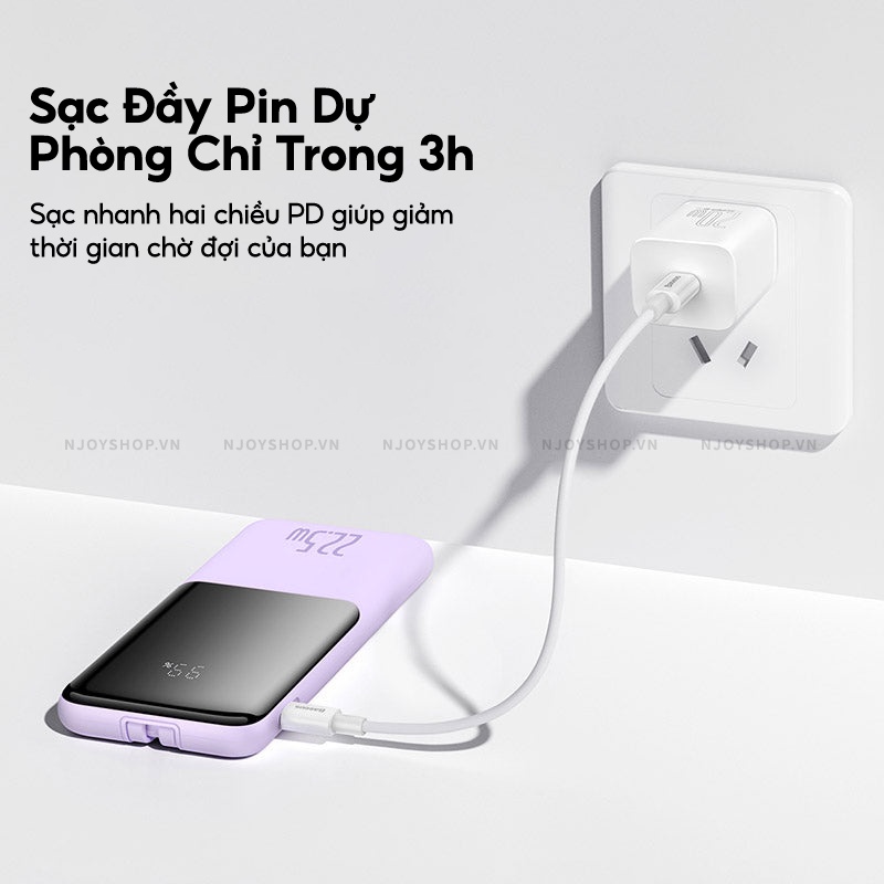 Sạc Dự Phòng Mini 10000mAh BASEUS Elf Digital Display Sạc Nhanh PD 22.5 W Trang Bị Cáp Type-C Lightning Đèn Led Báo Pin