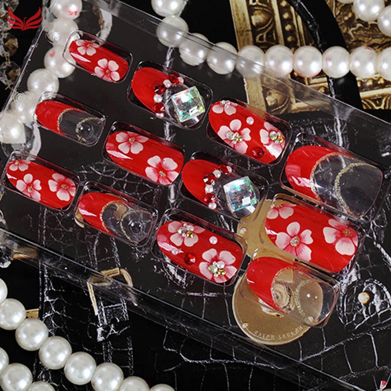 Set 24 Móng Tay Giả Đính Đá Lấp Lánh Màu Đỏ Kèm Miếng Dán Lưng Cho Cô Dâu