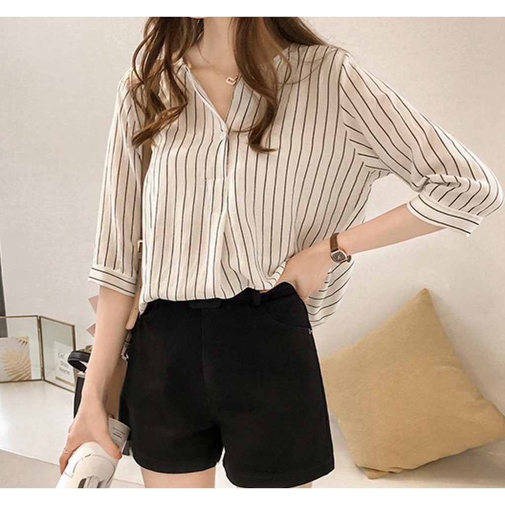 Áo sơ mi nữ công sở cổ V, họa tiết kẻ sọc thời trang, phong cách trẻ trung cá tính sm05