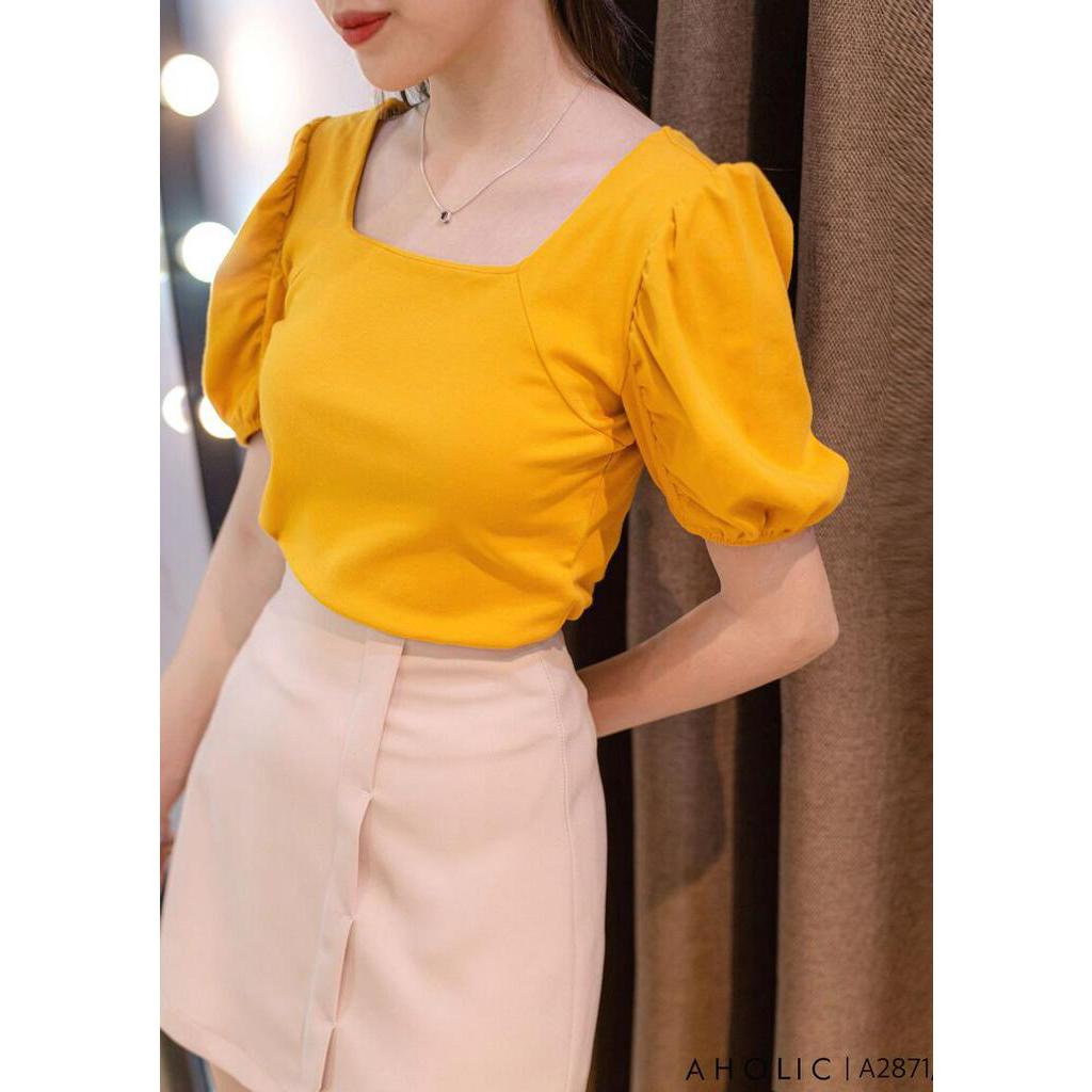 Áo cotton bozip cổ vuông crop nhẹ Aholic A2871