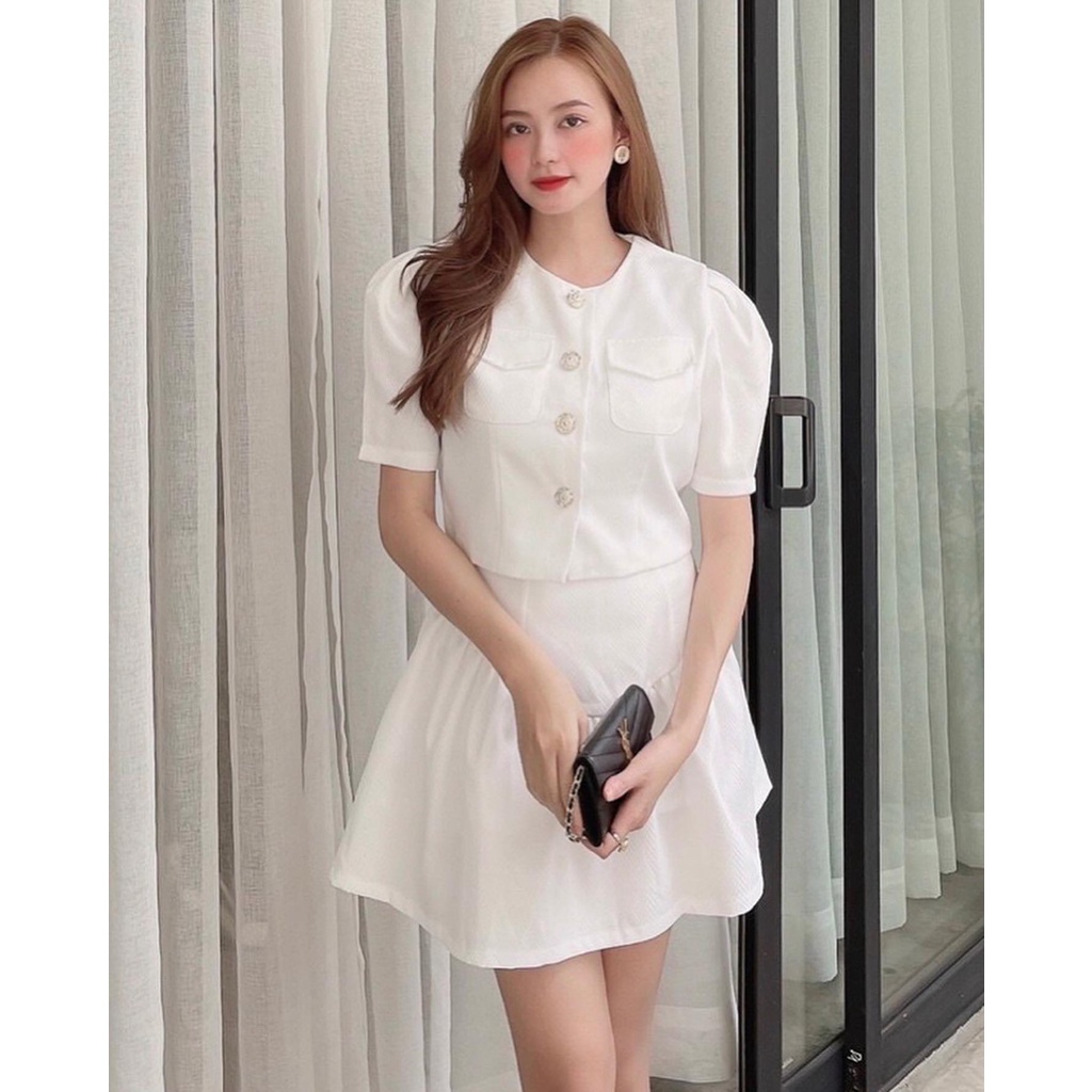 SET ÁO CROPTOP 2 lớp có tay KÈM Chân váy có lót quần , size SML, hàng sẵn mặc Tết, (SET NUNNA)