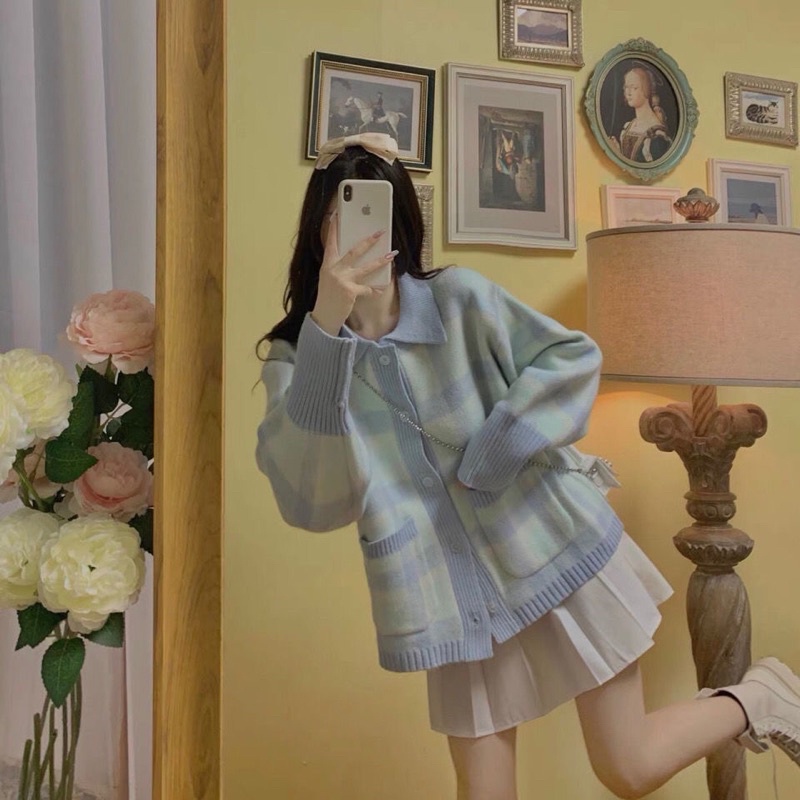 Áo len phối sọc xanh vintage