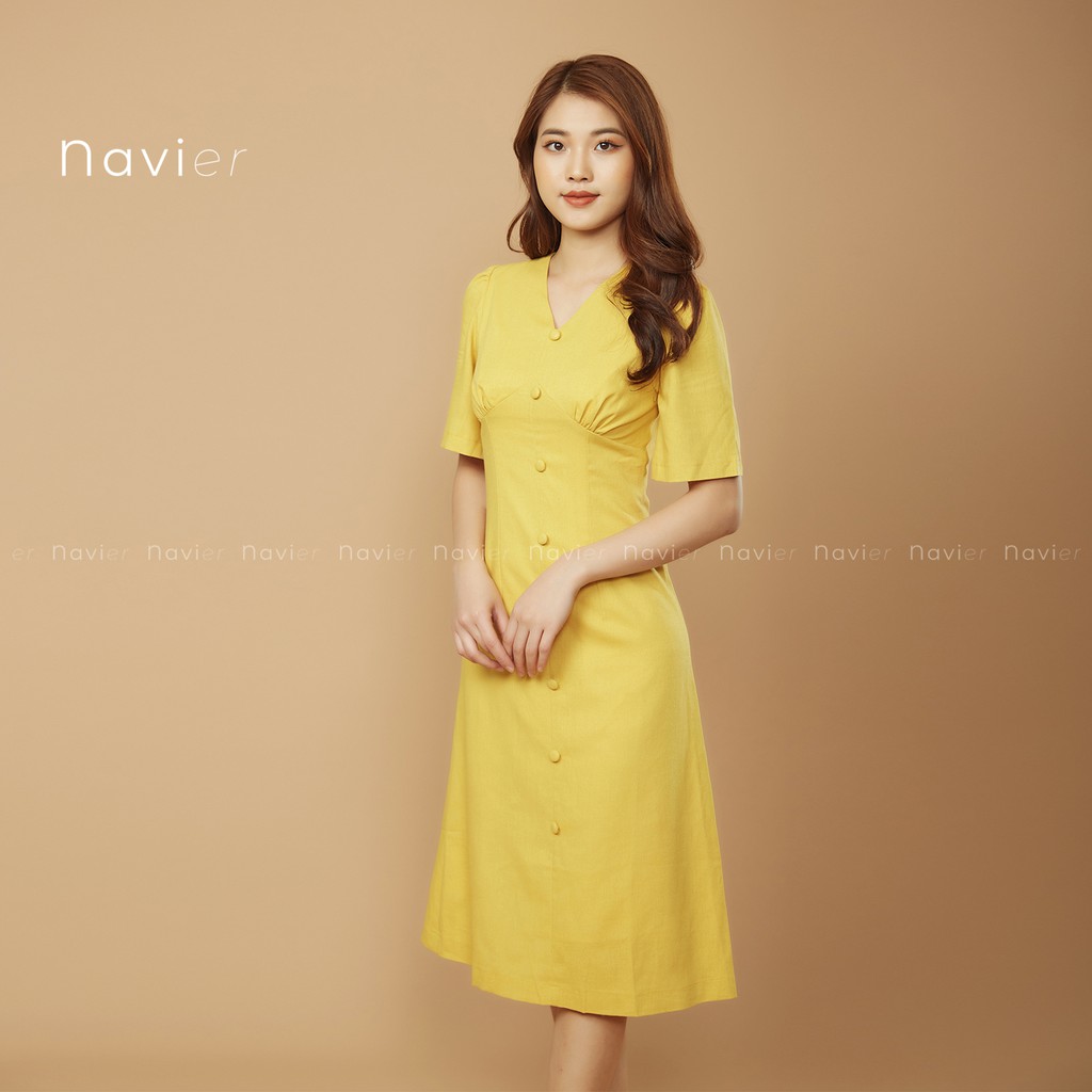 ĐẦM DÀI TAY PHỒNG DÁNG ÔM - VÁY THIẾT KẾ CỔ V CÔNG SỞ ĐI CHƠI DỰ TIỆC LINEN DRESS D03 NAVIER