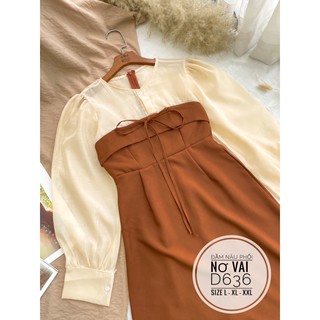 Bigsize Đầm nâu phối nơ vai D636