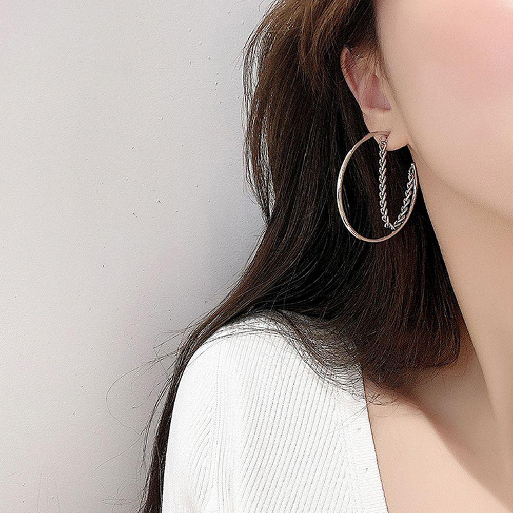 Bông Tai Dạng Vòng Phối Dây Xích Bằng Kim Loại Phong Cách Hip Hop Thời Trang Cho Nữ