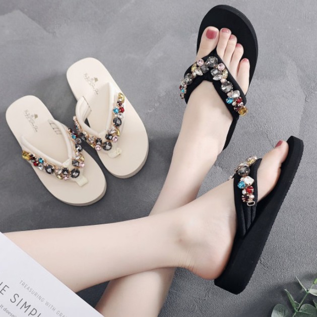 Dép tông kẹp nữ xỏ ngón đế xuồng cao quai đính đá pha lê