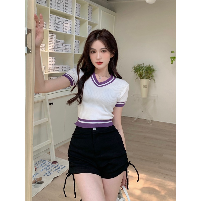 LALISAS Áo Thun Dệt Kim Tay Ngắn Cổ Chữ V Màu Sắc Tương Phản Phong Cách Hàn Quốc Thời Trang