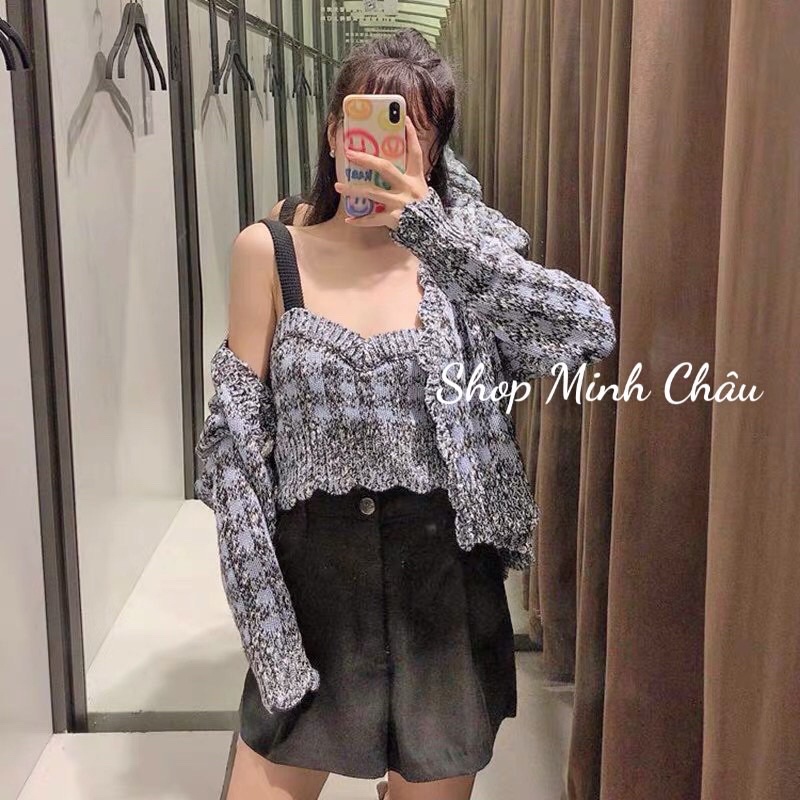 (Nguyên set) Set áo len kẻ xanh đính đá Zarraaa