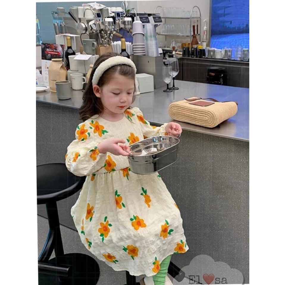 Váy Hoa Cam Dài Tay Thô Đũi Bánh Bèo Siêu Xinh Cho Bé Gái 9-25kg