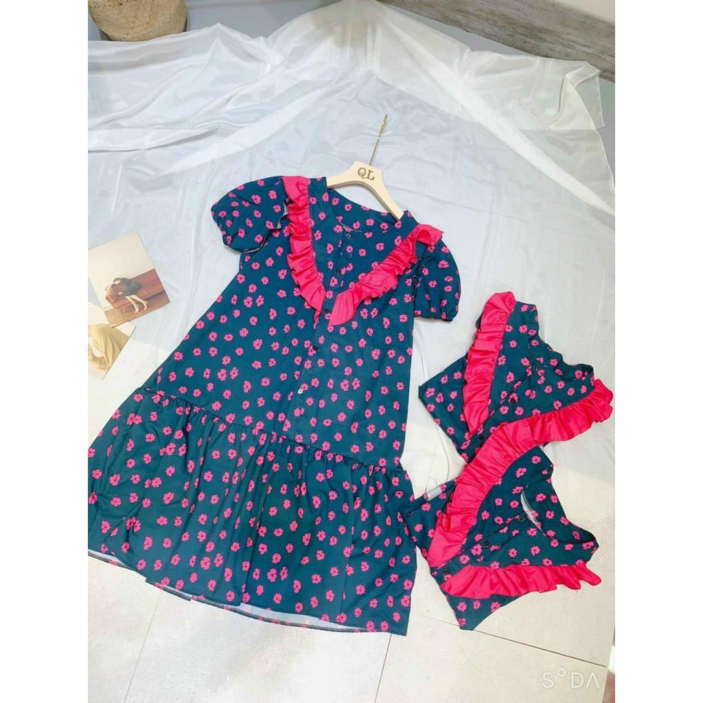 Váy đầm nữ dáng Baby Doll Hoa Xanh Phối Bèo Ngực