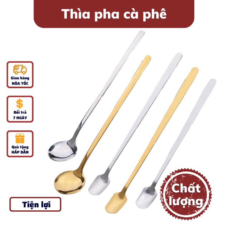 Thìa pha trà inox 304 muỗng cafe cán dài dụng cụ pha cà phê kiểu dáng sang trọng chiều dài 13 - 15 - 17cm