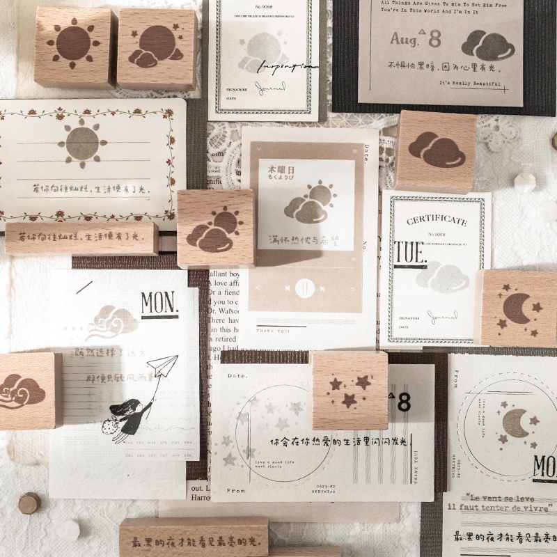 Bộ 2 Con Dấu Gỗ In Hình Đám Mây Mưa Nắng Mini Trang Trí Sổ Tay DIY