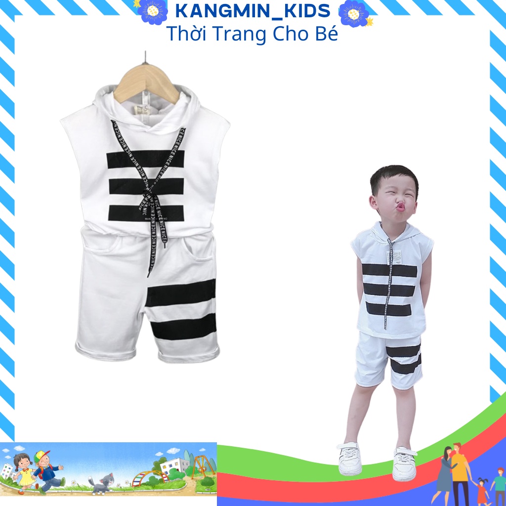 Bộ sát nách cho bé trai KANGMIN KIDS, bộ áo ba lỗ bé trai kẻ vạch HipHop QATEK06, quần áo bé trai từ 7-27kg